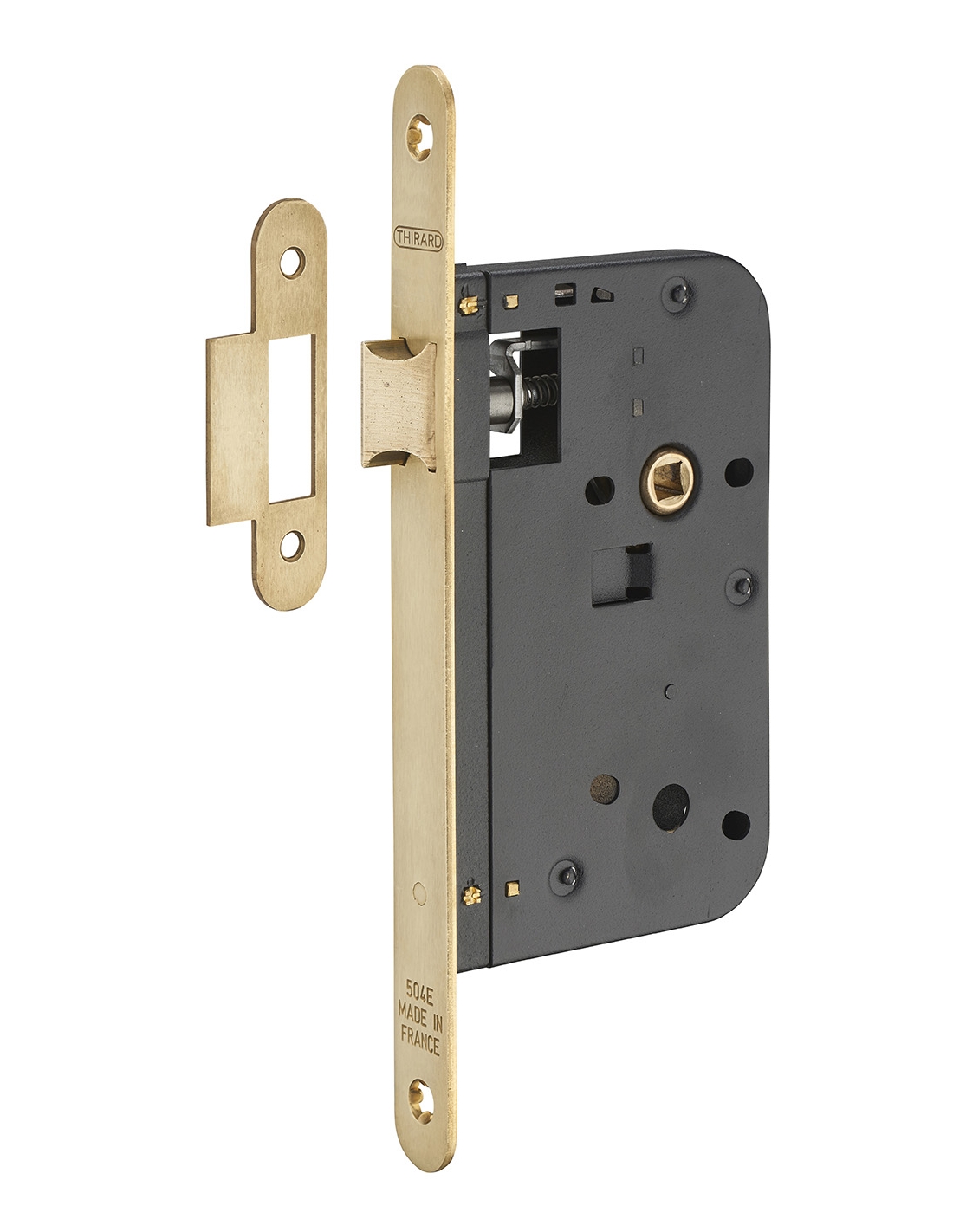foto del prodotto serratura da incasso per porte interne, asse 60mm, piastra tonda, ottone spazzolato thirard
