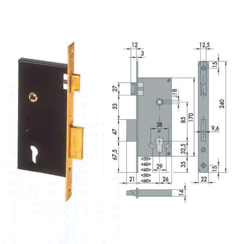 foto del prodotto serratura da infilare a cilindro 2 mand. bordo quadro 5c110 mm.35 5c110350 