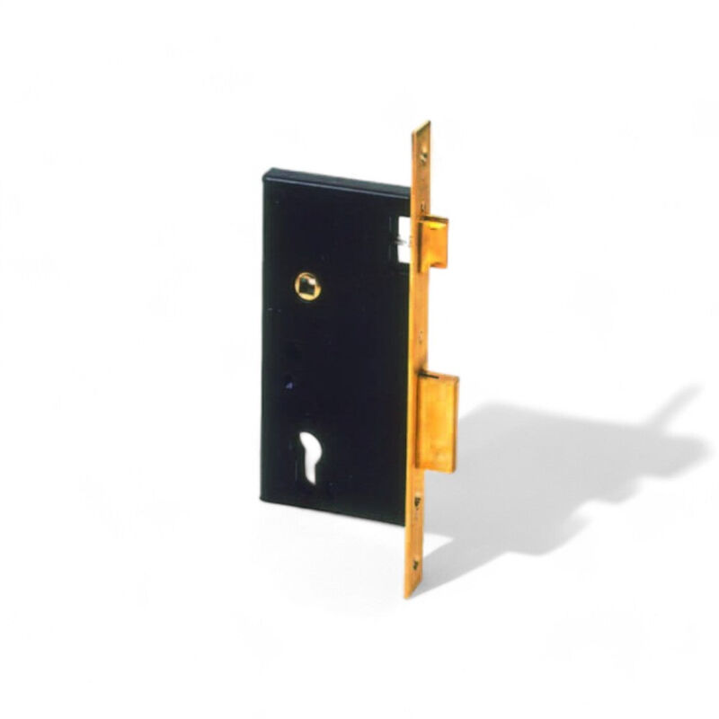 foto del prodotto serratura da infilare a cilindro bordo quadro nero ottone satinato doppia mandata catenaccio separato reversibile 50 mm