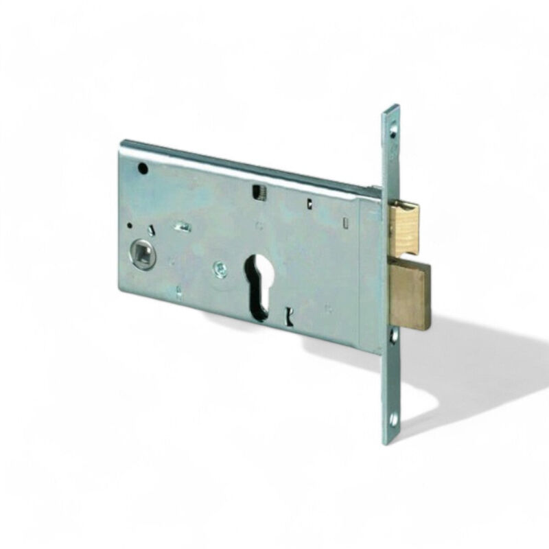 foto del prodotto serratura da infilare per porte con catenaccio e scrocco in ottone acciaio zincato 2 mandate 77mm compatibile cilindro sagomato