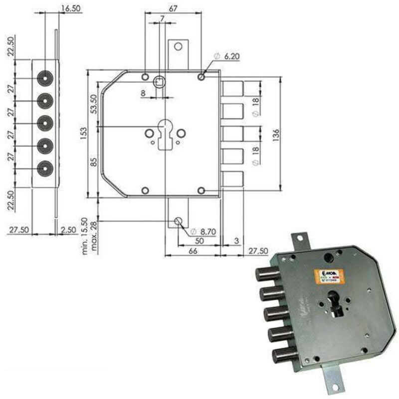 foto del prodotto serratura di sicurezza triplice con cilindro e63 res653/270 moia per porta blindata e sicurezza avanzata