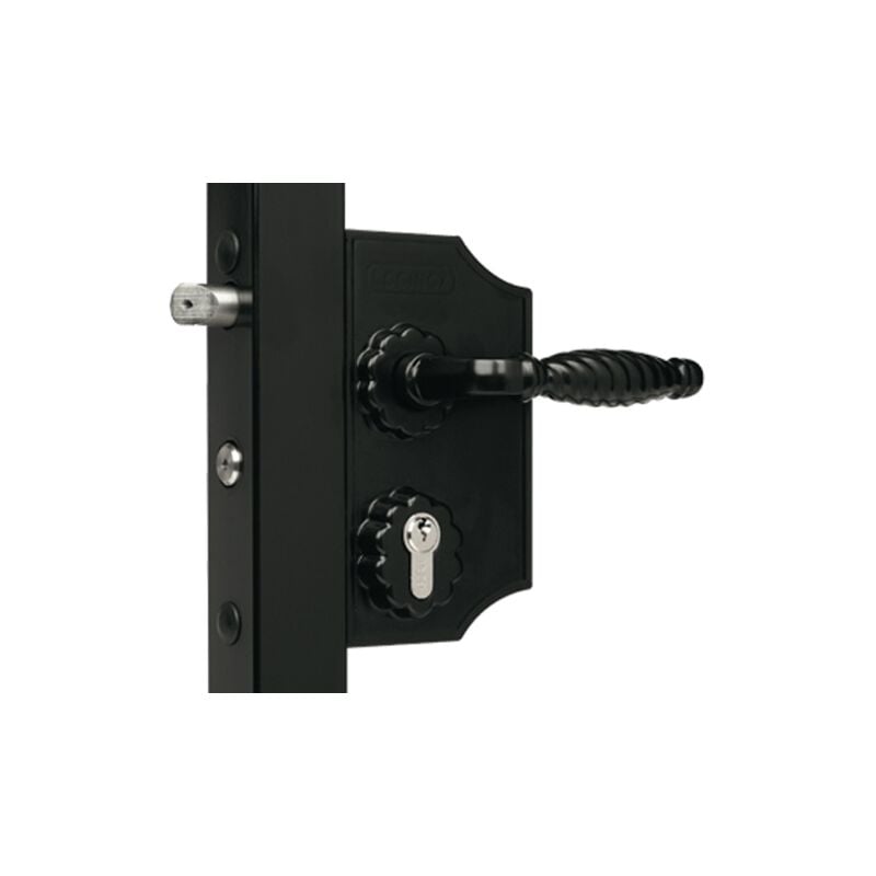 foto del prodotto serratura in ferro battuto ral 9005 nero locinox cancello a battente maniglia cilindro profilo 30 50 lakq3030 h2l