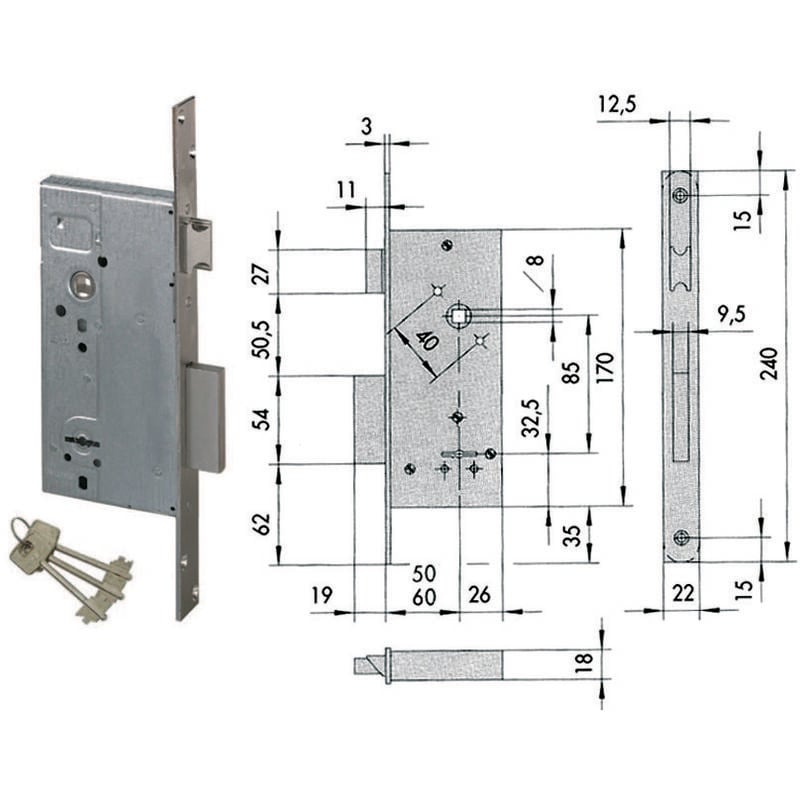 foto del prodotto serratura metallo infilare 57211 cisa b.q zinc f.mm 22 dm m2 scr e.mm 60 1 pezzo