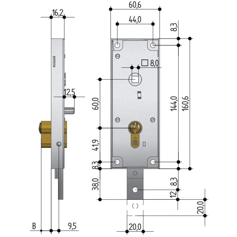 foto del prodotto serratura per basculante garage cilindro a profilo europeo interasse 60 mm