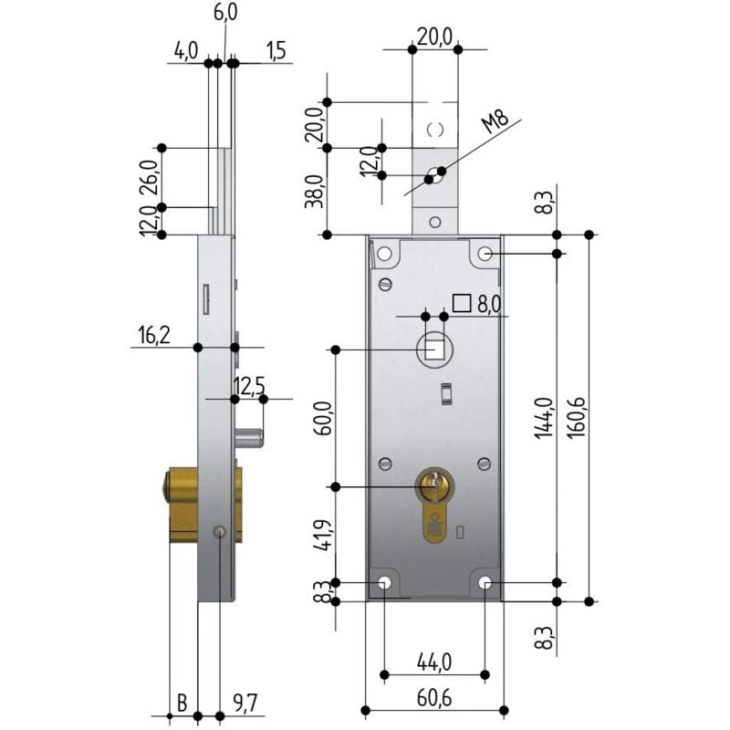 foto del prodotto serratura per basculante garage cilindro a profilo europeo interasse 60 mm