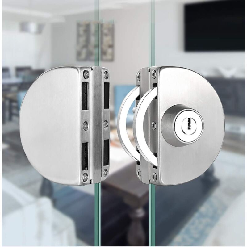 foto del prodotto serratura per porta in vetro in acciaio inossidabile senza foratura, doppia serratura per porta in vetro, serratura centrale per porta in vetro,