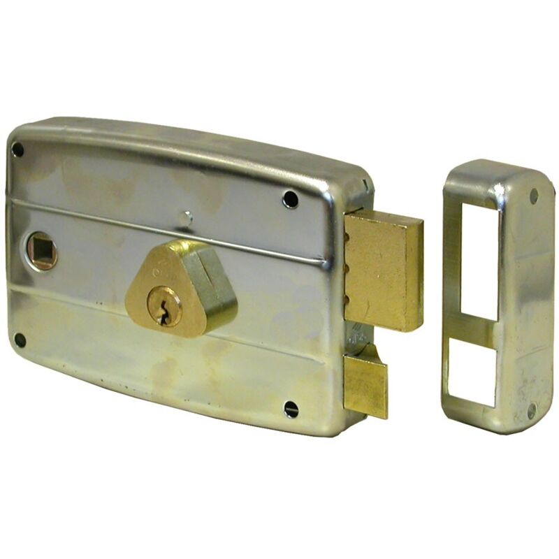 foto del prodotto serratura per porte in ferro da applicare 15057160279 serratura cancello esterno in acciaio zincato con cilindro e quadro maniglia passante