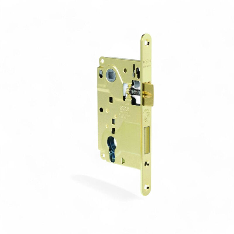 foto del prodotto serratura per porte interne a filo o battente con foro cilindro quadro maniglia mm8 interasse mm85 bordo tondo ottonato