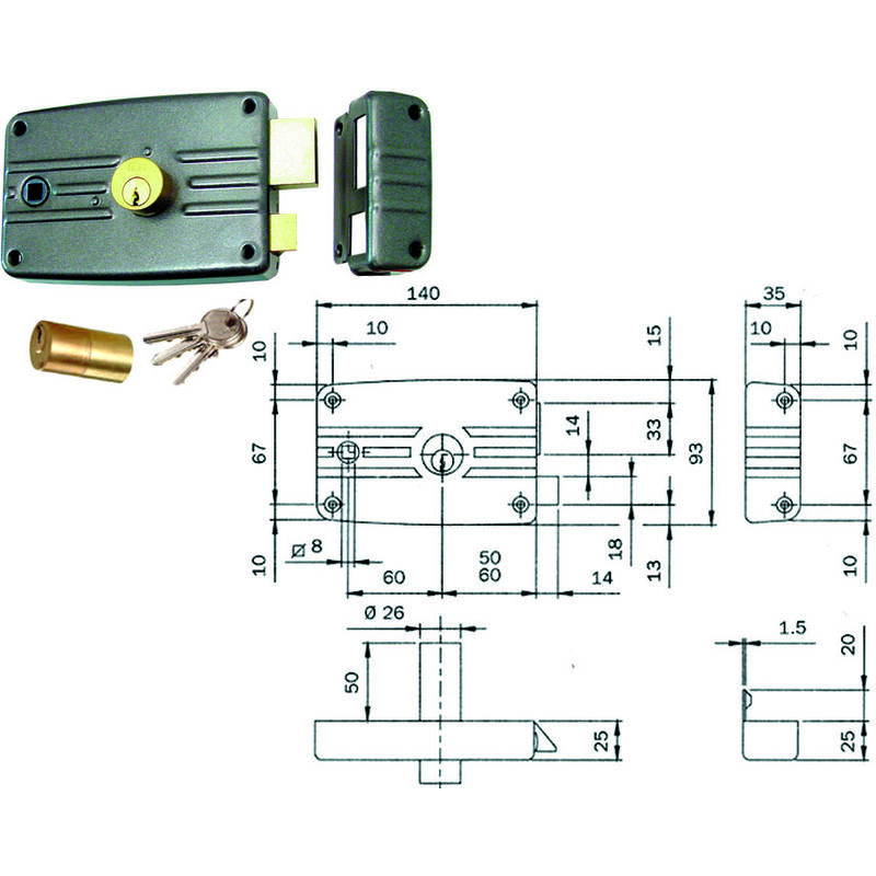 foto del prodotto serratura porte ferro c quadro caten. e scr. cil. fisso s al. 485 486 mm.60 dx 485603 