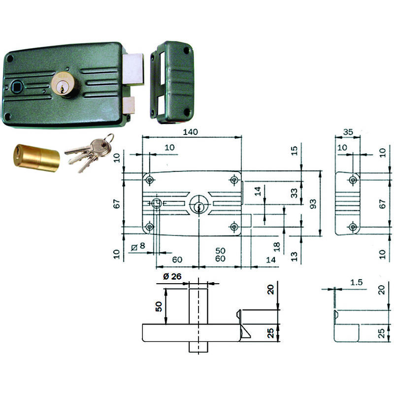 foto del prodotto serratura porte ferro c quadro catenaccio e scr. cil. fisso c al. 481 mm.60 dx 481603 
