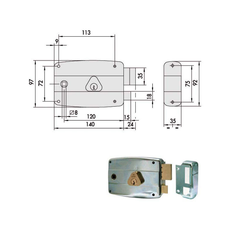 foto del prodotto serratura portoncino quadro catenaccio e scrocco cilindro fisso 50471 mm.60 dx 50471601 