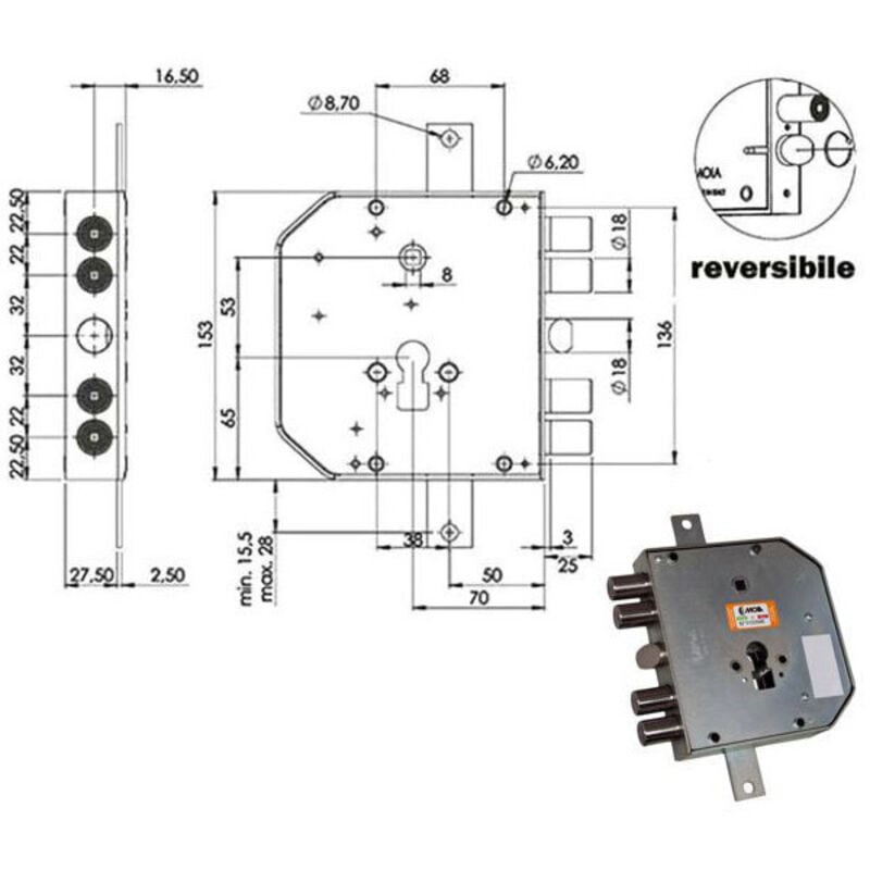 foto del prodotto serratura sic.triplice dx cil. e73 rte654/220 moia