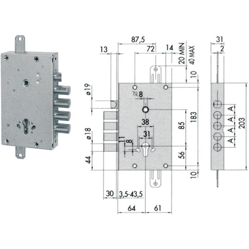 foto del prodotto serratura triplice applicare con scrocco cil. europeo blindate 56515 mm.64 dx sx 56515480 