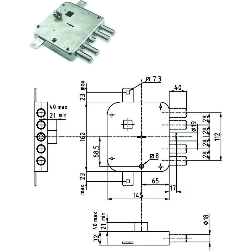 immagine 0 del prodotto serratura triplice applicare con scrocco doppia mappa blindate strong mm.65 dx ser 3221 2db 