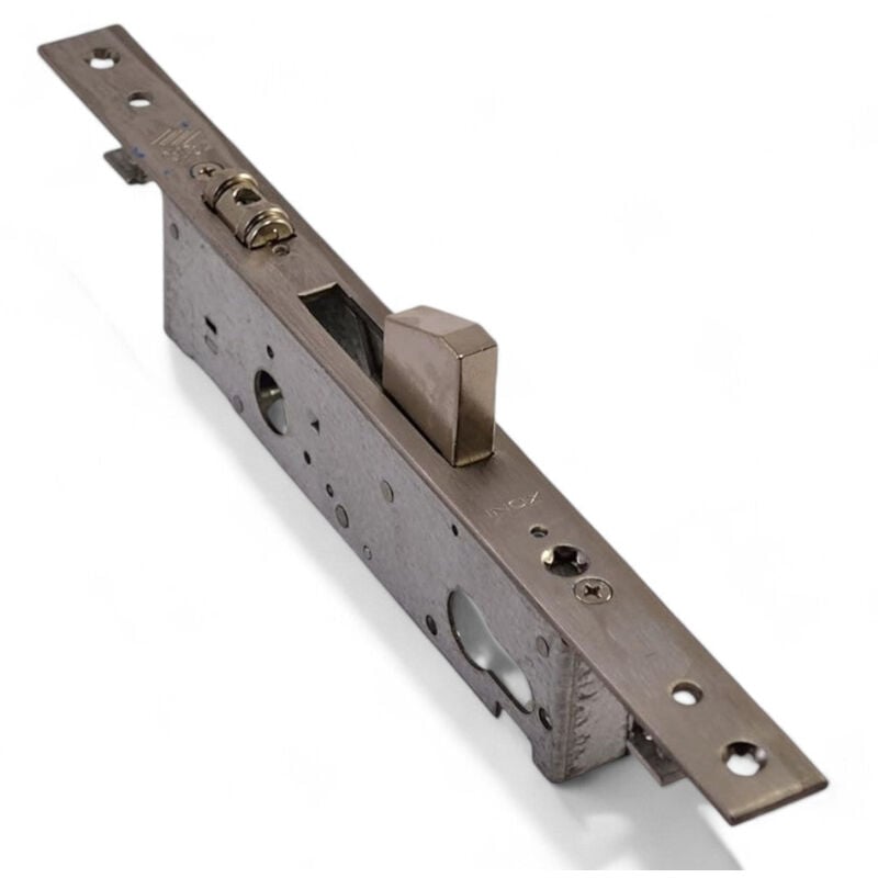 foto del prodotto serratura triplice da infilare per montanti con scrocco regolabile in ottone e catenaccio basculante in acciaio inox 3.5 cm