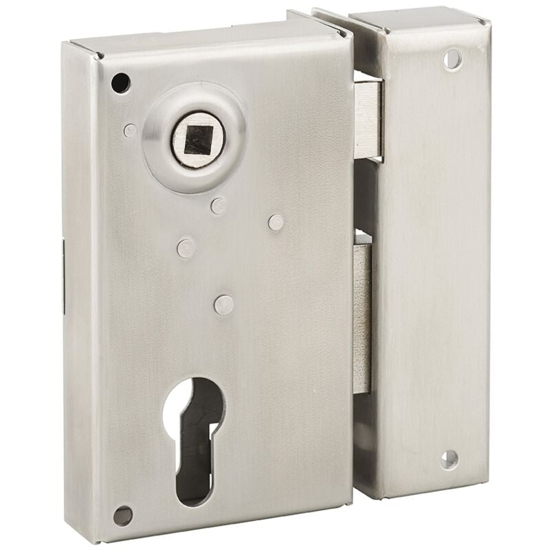 foto del prodotto serratura verticale da applicare doppio cilindro con quadro maniglia per cancello, destra, asse 45mm, 73x125mm, inox thirard
