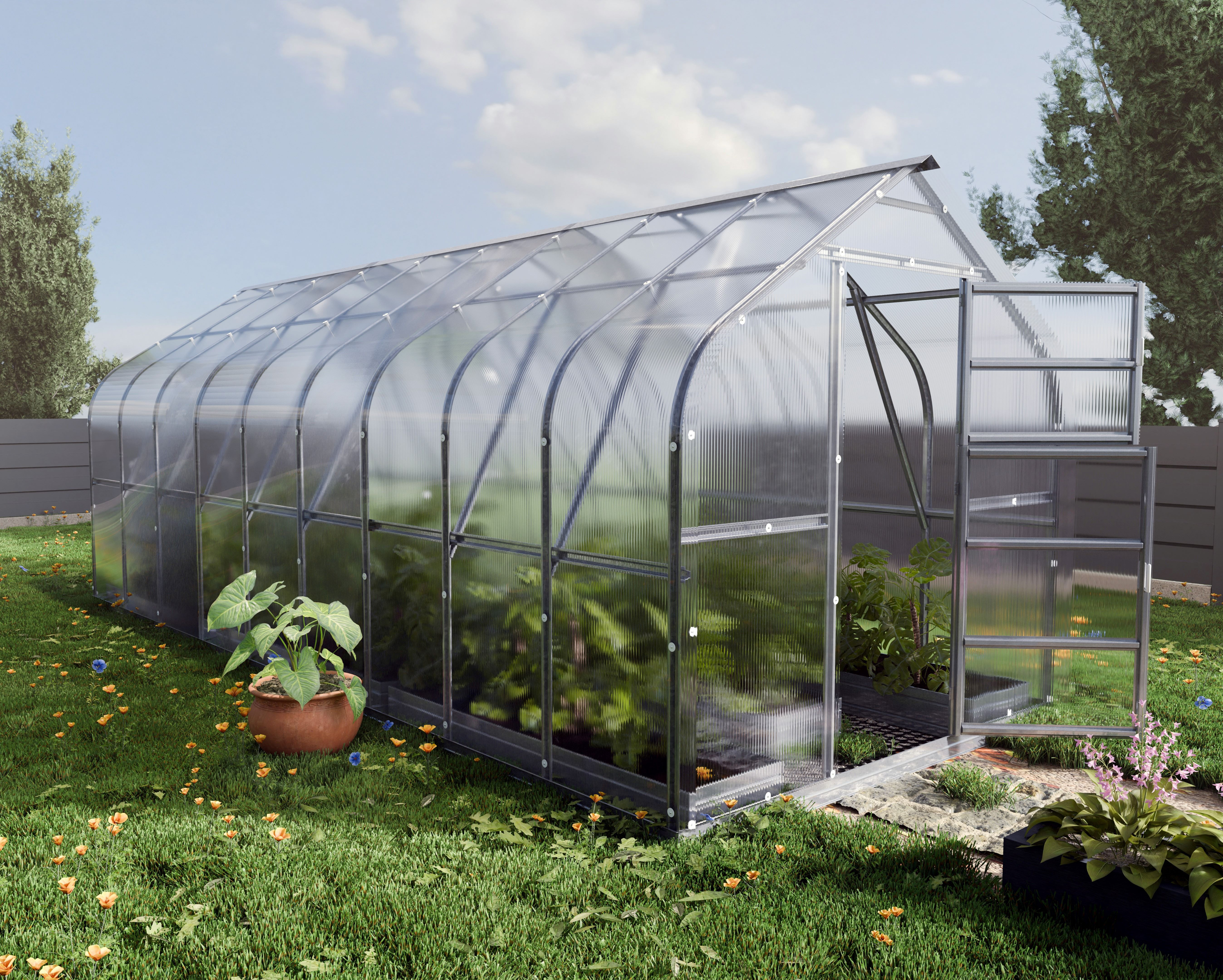 foto del prodotto serre da giardino robuste klasika standard 15m2, 2,5m x 6m, 6 mm con rivestimento in policarbonato con 3 tetti ad apertura automatica