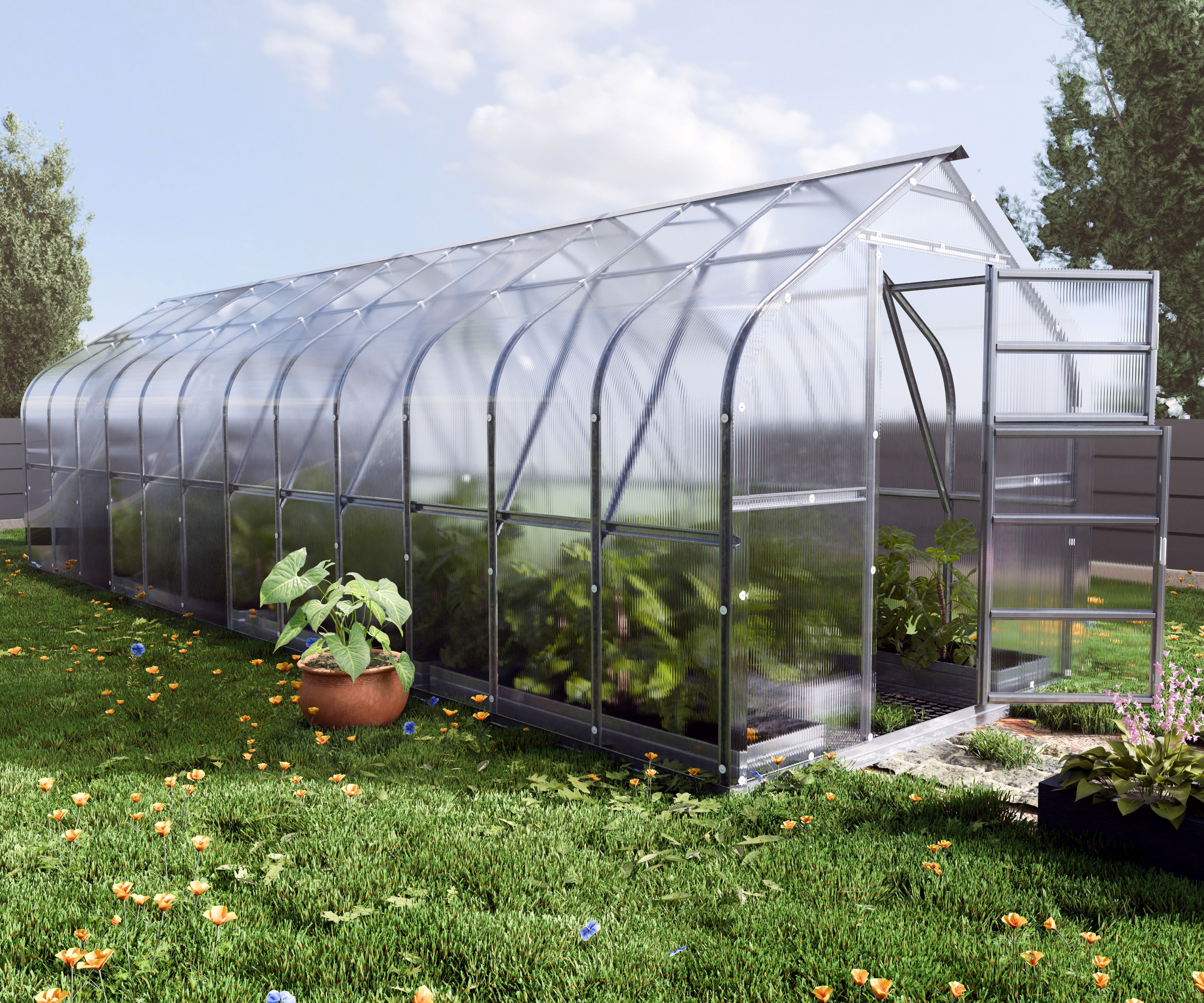 foto del prodotto serre da giardino robuste klasika standard 20m2, 2,5m x 8m, 4 mm con rivestimento in policarbonato con 4 tetti ad apertura automatica