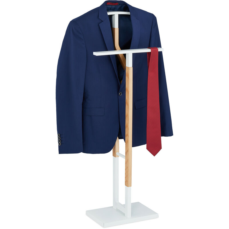 foto del prodotto servo muto da camera, appendiabiti da terra per giacca e pantalone 106,5x47x20 cm, mdf acciaio, bianco marrone relaxdays