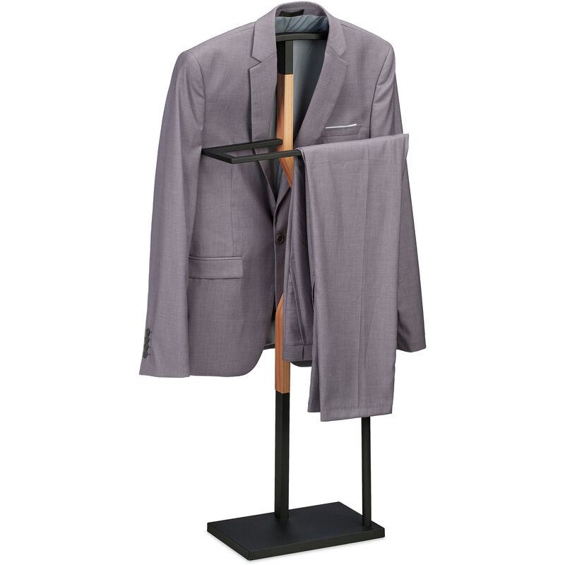 foto del prodotto servo muto da camera, appendiabiti da terra per giacca e pantalone 107x48x20 cm, acciaio e mdf, nero marrone relaxdays