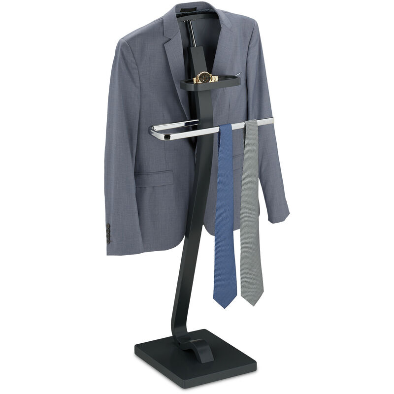 foto del prodotto servo muto da camera, appendiabiti da terra per giacca e pantalone 112x46x32 cm, acciaio e mdf, grigio argento relaxdays