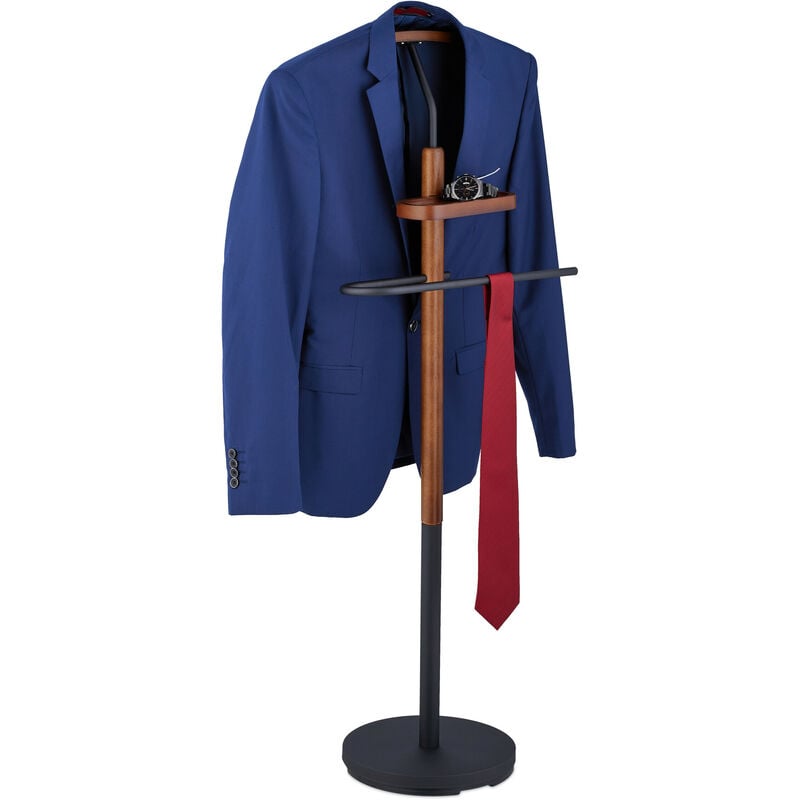 foto del prodotto servomuto con ripiano, appendiabiti da terra per giacca e pantalone 116x47x28 cm, mdf e acciaio, nero marrone relaxdays