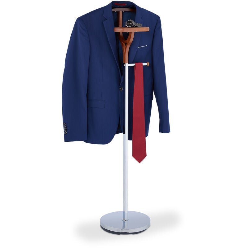 foto del prodotto servomuto con ripiano, appendiabiti da terra per giacca e pantalone 120x45x28 cm, acciaio mdf, argento marrone relaxdays