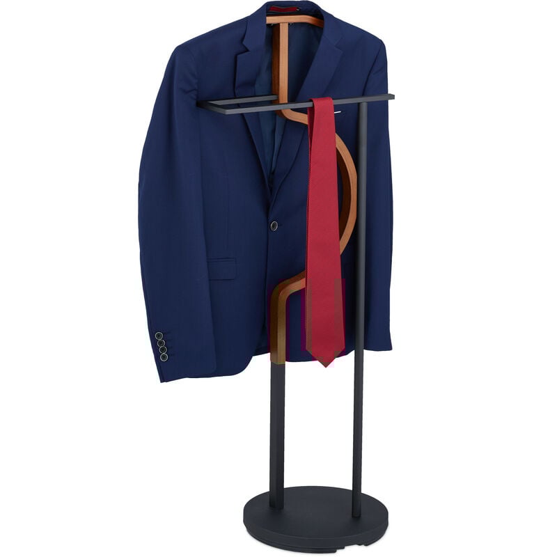 foto del prodotto servomuto da camera, appendiabiti da terra per giacca e pantalone 108x45x30 cm, in mdf e acciaio, nero marrone relaxdays