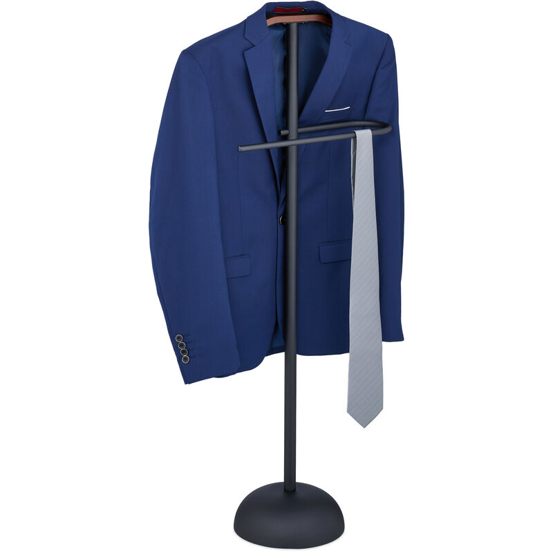 foto del prodotto servomuto da camera, appendiabiti da terra per giacca e pantalone 110x45x24 cm in mdf e acciaio, nero marrone relaxdays