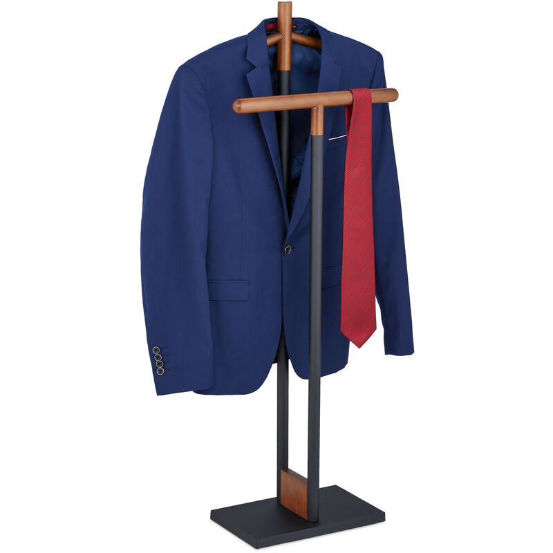 foto del prodotto servomuto da camera, appendiabiti da terra per giacca e pantalone 112x47x20 cm, acciaio e legno, nero marrone relaxdays