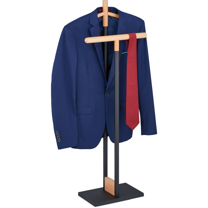 foto del prodotto servomuto da camera, appendiabiti da terra per giacca e pantalone 112x47x20 cm, acciaio e lgno, nero naturale relaxdays