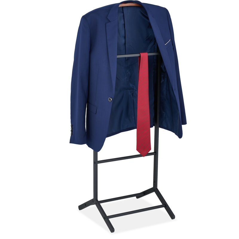 foto del prodotto servomuto da camera, appendiabiti da terra per giacca e pantalone 118x47x40 cm, in mdf e acciaio, nero marrone relaxdays