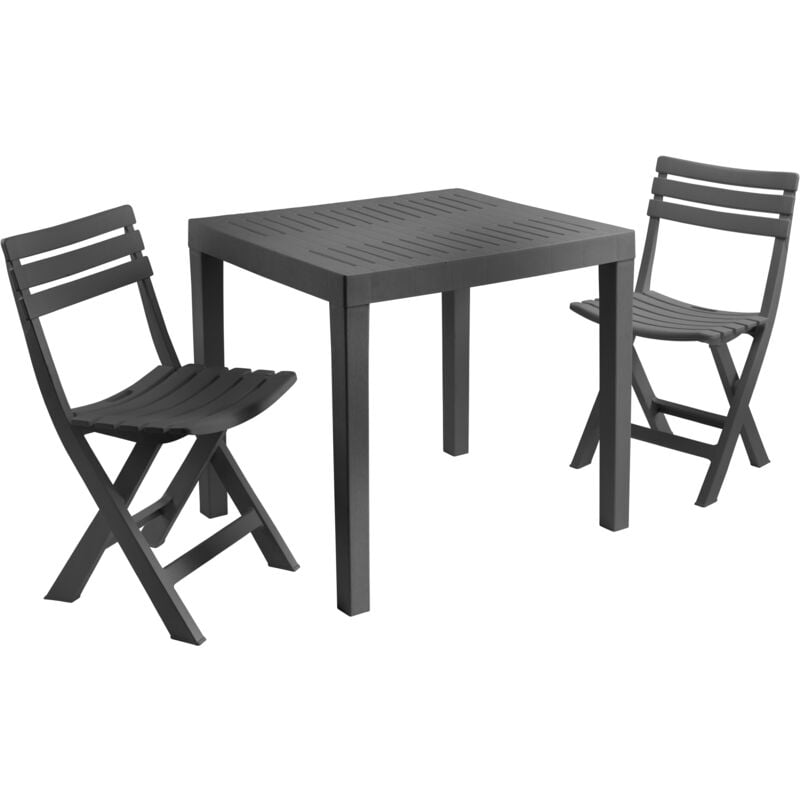 foto del prodotto set 1 tavolo 78x65x72 e 2 sedie pieghevoli in polipropilene antracite