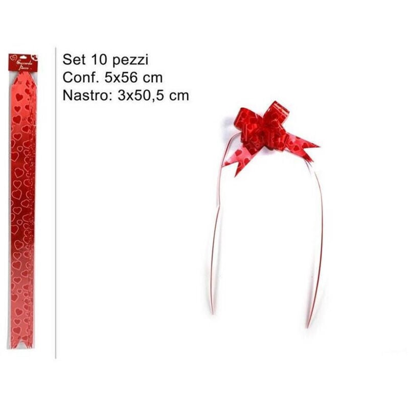 foto del prodotto set 10 pezzi coccarda fiocco con cuori rossi nastro autotiranti 50,5 x 3 cm trade shop traesio