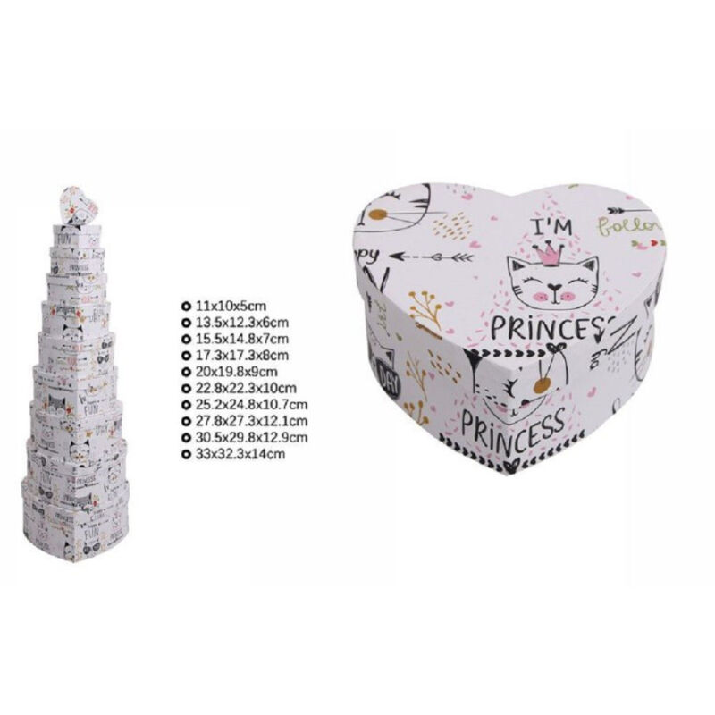 foto del prodotto set 10pz scatole regali varie misure matrioska forma cuore fantasia bianca 71968 trade shop traesio