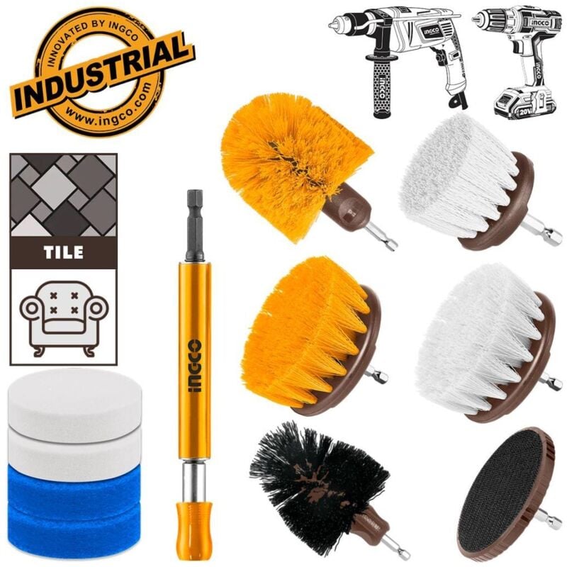 foto del prodotto set 11pz spazzole tamponi e spugne per trapano pulizia lavaggio ingco wcb1101