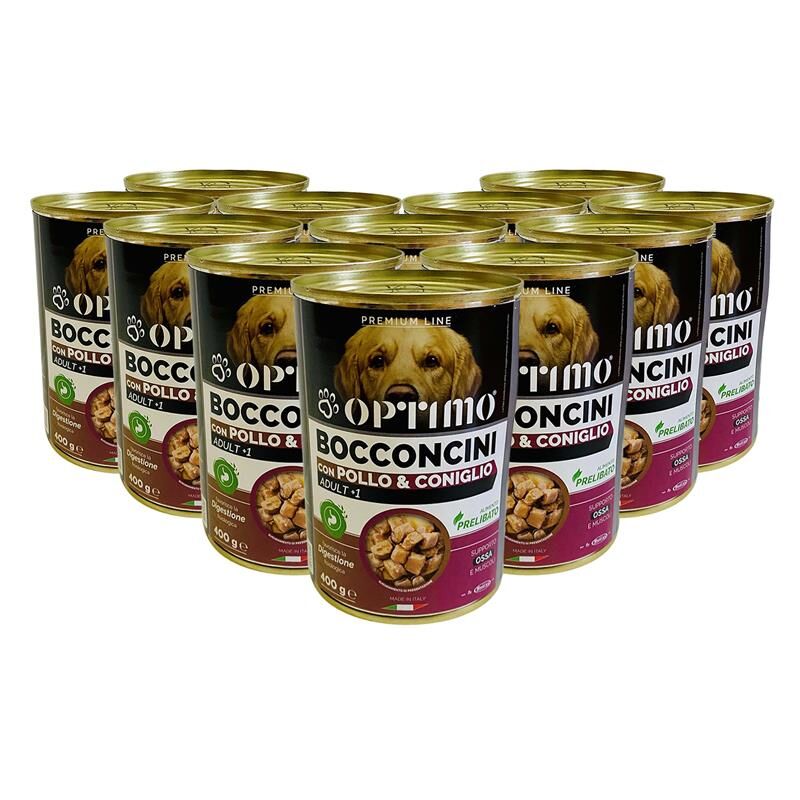 foto del prodotto set 12 bocconcini per cane al gusto pollo e coniglio da 400 gr optimo