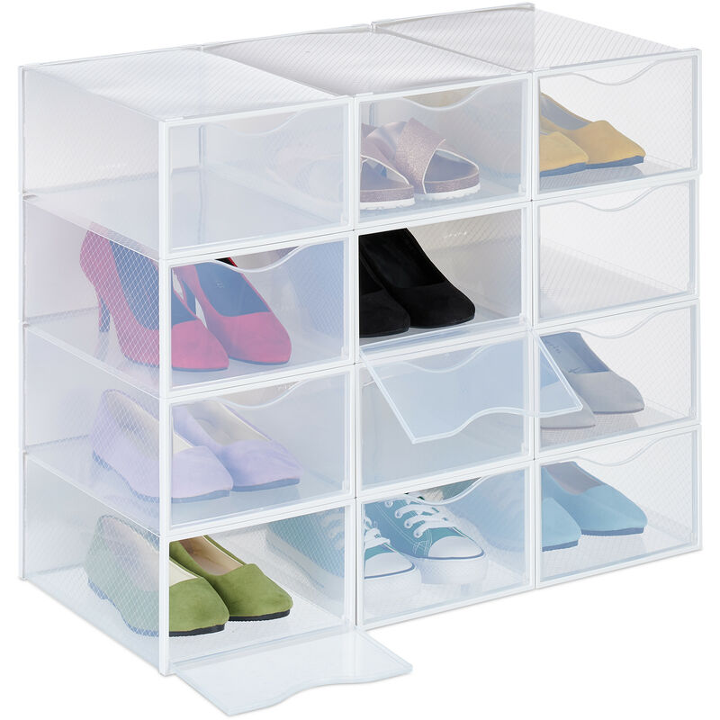 foto del prodotto set 12 scatole di plastica per scarpe fino al n. 45, scarpiera con box impilabili, shoe organizer, trasparenti relaxdays