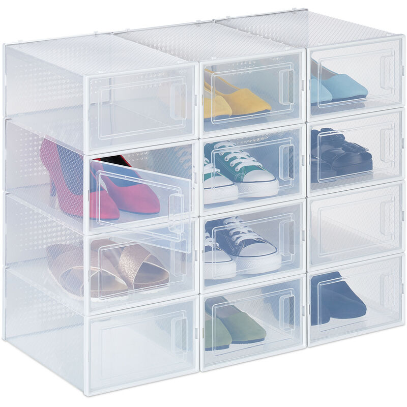 foto del prodotto set 12 scatole di plastica per scarpe fino al n. 45, scarpiera con box impilabili, shoe organizer, trasparenti relaxdays