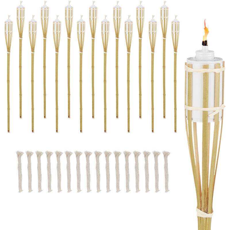 foto del prodotto set 16 fiaccole da esterno, alte 90 cm, torce a olio per giardino, illuminazione outdoor, in bamb , naturale relaxdays
