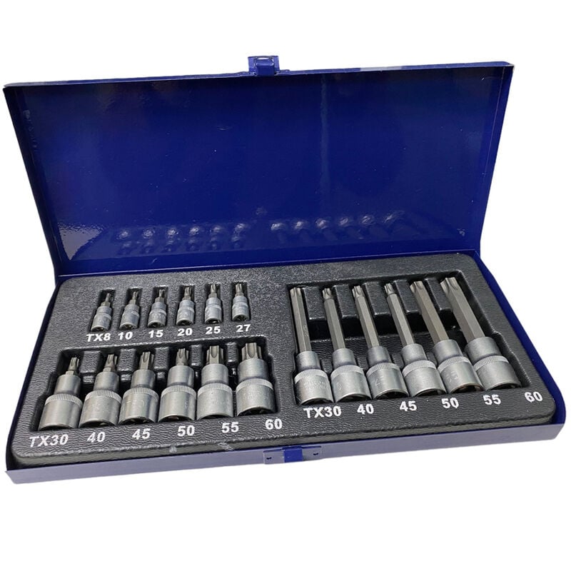 foto del prodotto set 18pz chiavi a bussola con inserti torx 1 2 1 4 t8 t60