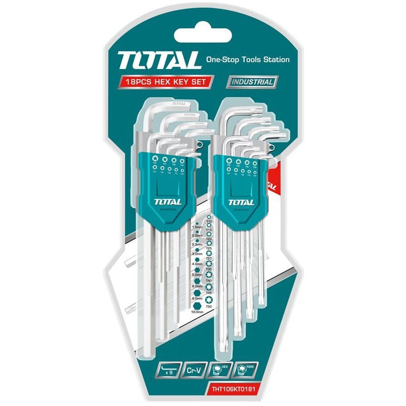 foto del prodotto set 18pz chiavi maschio 9pz esagonali 1.5 10mm 9pz torx t10 t50 cr v total