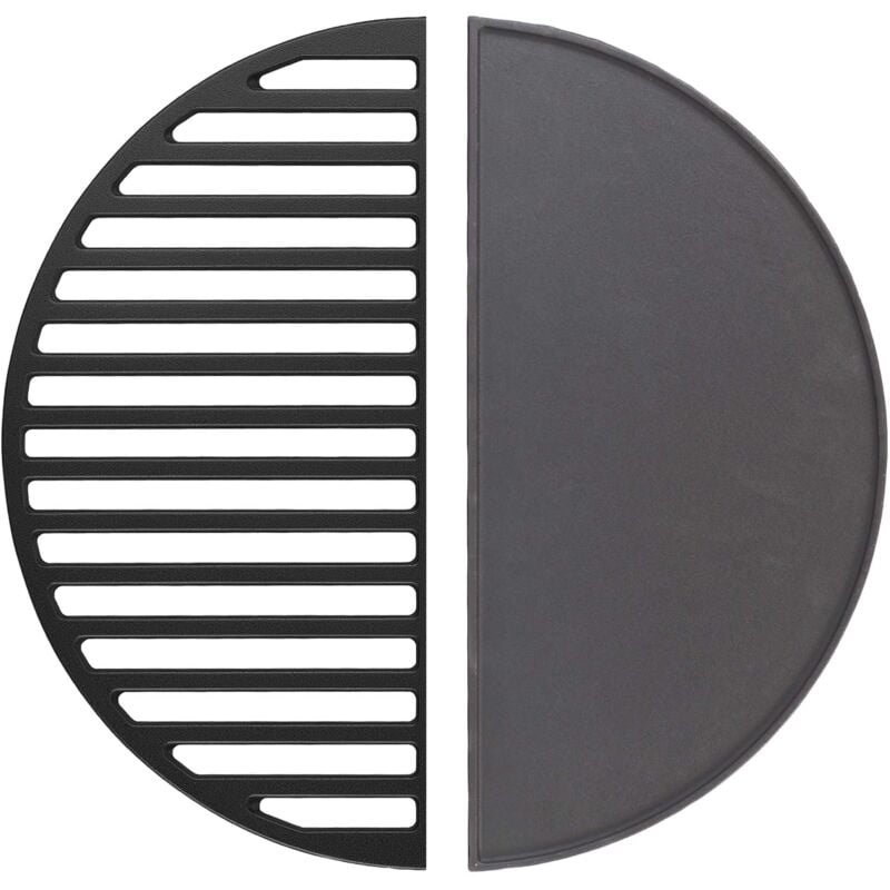 foto del prodotto set 1x piastra in ghisa rigata 1x griglia in ghisa, forma a mezza luna, 55 x 26,5 cm, per barbecue, bistecchiera, ideale per grigliare carne,