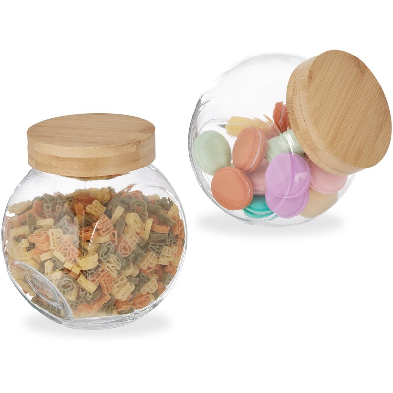 foto del prodotto set 2 barattoli in vetro con coperchio, tappo a vite in bamb , 1,5 l, contenitori per caramelle, trasparente relaxdays