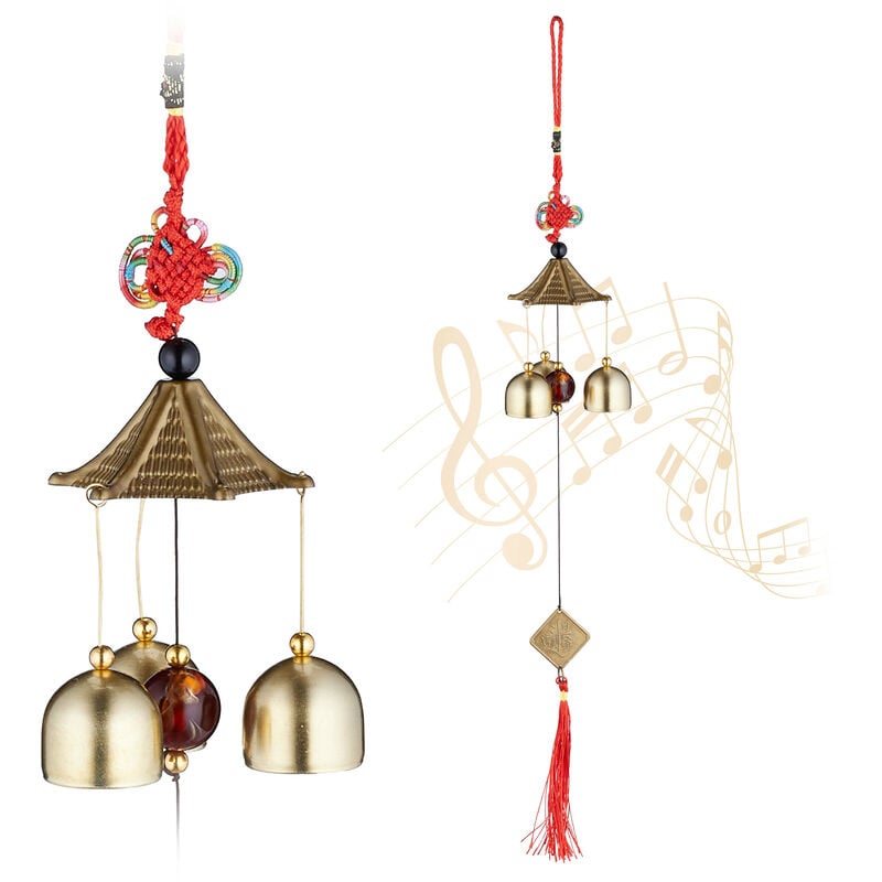 foto del prodotto set 2 campane vento feng shui campanelli acchiappasogni, scacciapensieri da esterni e interni, dorato rosso relaxdays