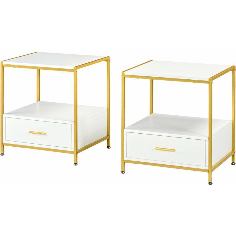 foto del prodotto set 2 comodini 2 cassetti 50x40x55 cm in acciaio e legno truciolare bianco e oro