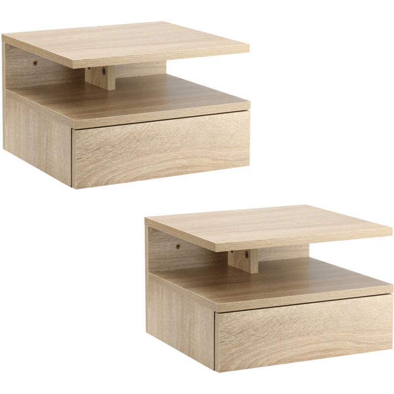 foto del prodotto set 2 comodini a parete moderni con cassetto e ripiano legno rovere homcom
