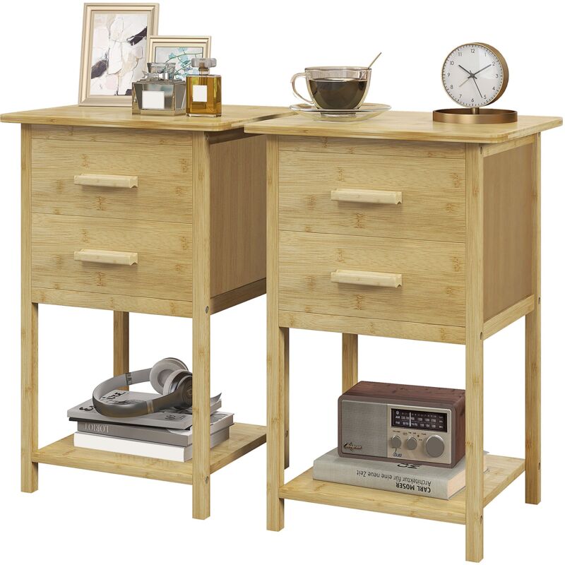 foto del prodotto set 2 comodini con 2 cassetti e ripiano inferiore in stile nordico 40x34x60 cm in bamb 