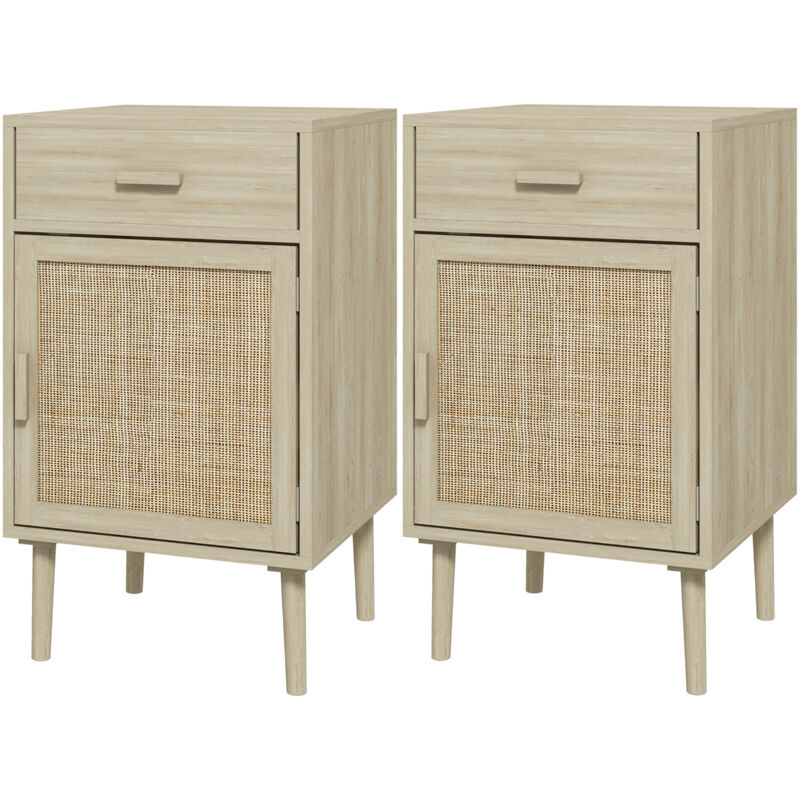 foto del prodotto set 2 comodini con cassetto e anta in rattan stile boho colore legno homcom