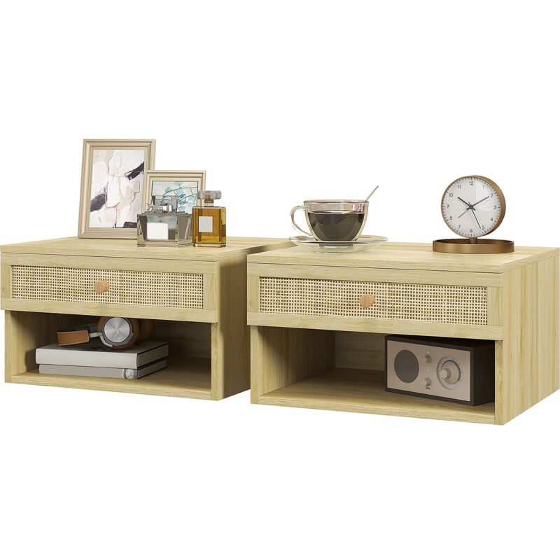 foto del prodotto set 2 comodini con cassetto e ripiani aperti in stile nordico 40x34x23 cm in truciolato e rattan